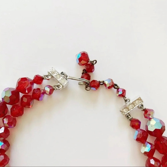 Vintage 1950s Ruby Swarovski Crystal Aurora Borealis Beaded Necklace - Picture 7 of 8